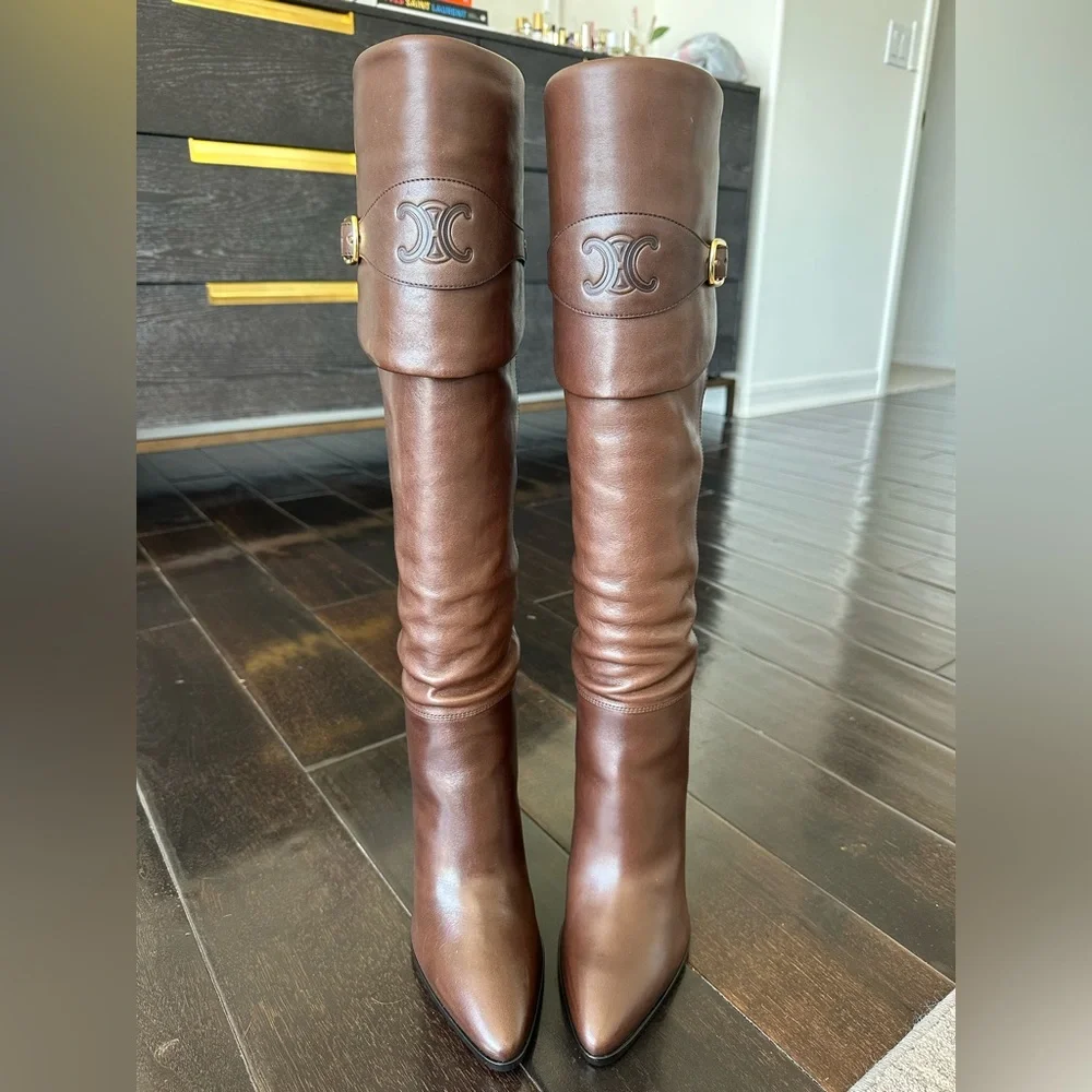 CELINE WILTERN Calfskin RIDING BOOT WITH TRIOMPHE 90mm Brown KneeHigh Boots 39.5 - Picture 1 of 16